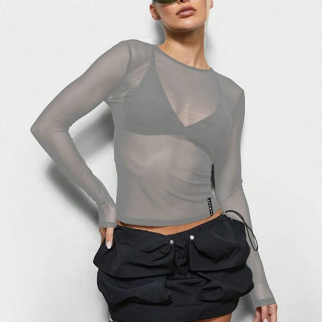 Fitted Sheer Mesh Overlay Top