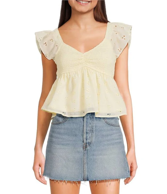 Honey Sparkle Embroidered Smocked Baby Doll Top