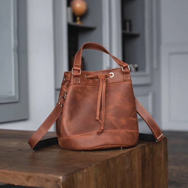 Women's Leather Drawstring Bucket Bag