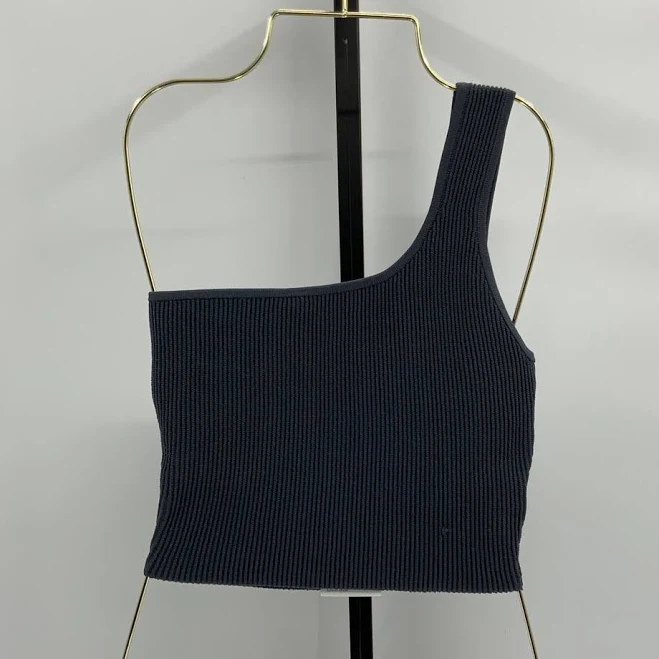Quince Women Cropped One Shoulder Ribbed Knit Tank Gray Sleeveless Top