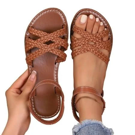 Women's Dressy Braided Leather Ankle Strap Flat Sandals