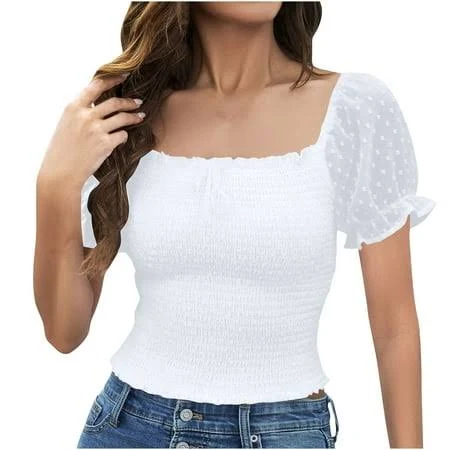 Women's Square Neck Puff Short Sleeve Crop Top