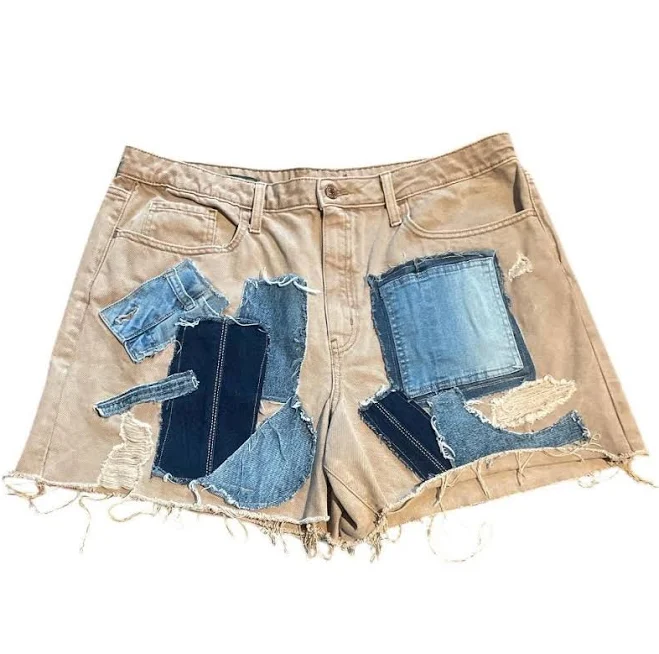 Upcycled Denim Patchwork Shorts with Frayed Hem