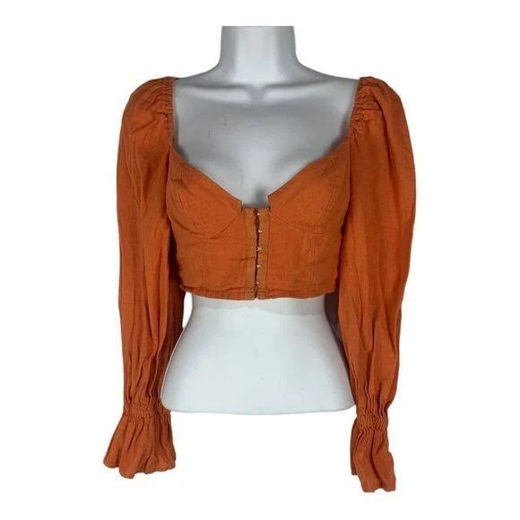 Urban Outfitters Rust Orange Xs Puff Sleeve Smocked Back Crop Top 100%