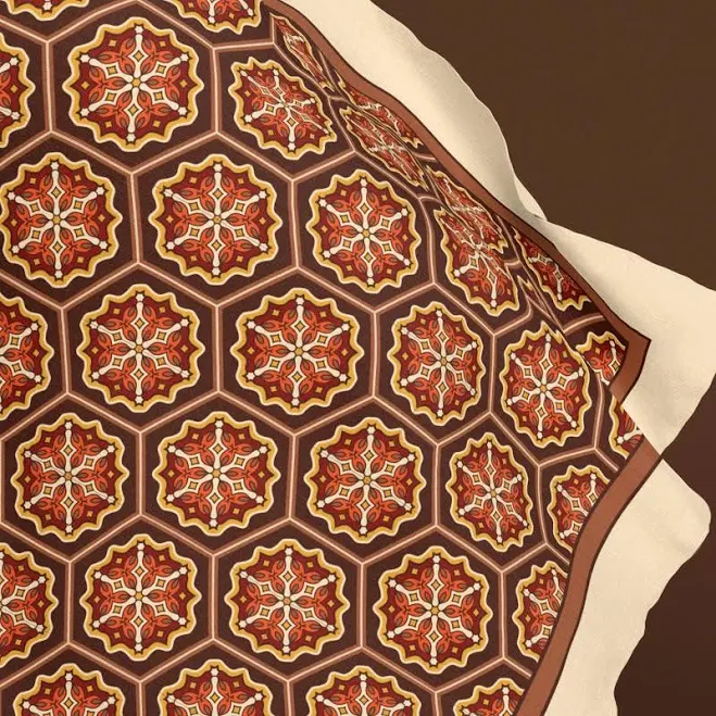 Arabesque Elegance Silk Scarf or Shawl - Soraya Geometric Floral Pattern Square, Modern Art Wrap, Artful Gift, Rust Brown Cream