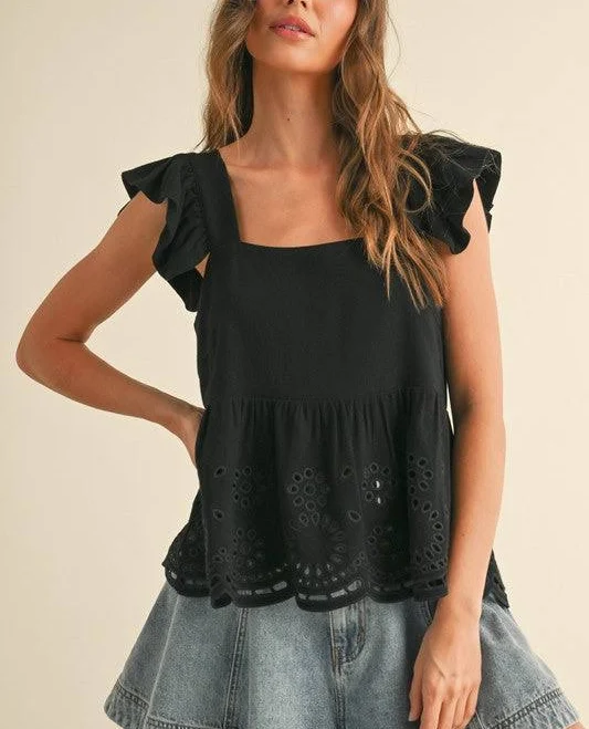 EYELET PEPLUM BOTTOM SLEEVELESS BLOUSE (BLACK) Medium