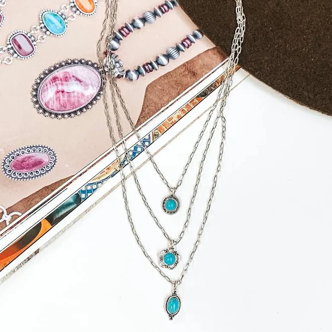 Yours For The Weekend Three Layered Silver Necklace with Turquoise Stone Pendants