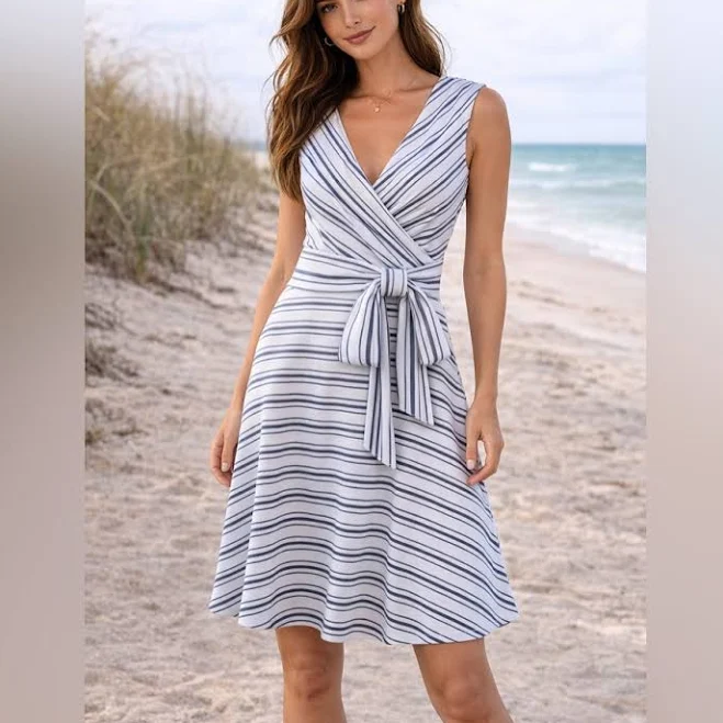 Lauren Ralph Lauren Dresses | Lauren Ralph Lauren Navy And White Striped Wrap Midi Dress | Color: Blue/White | Size: 10 | Pm-43023530's Closet