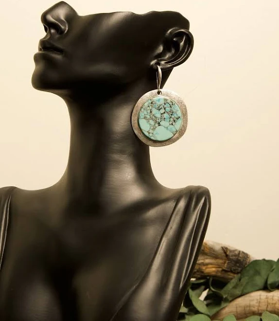 Handmade Round Turquoise and Silver Statement Earrings