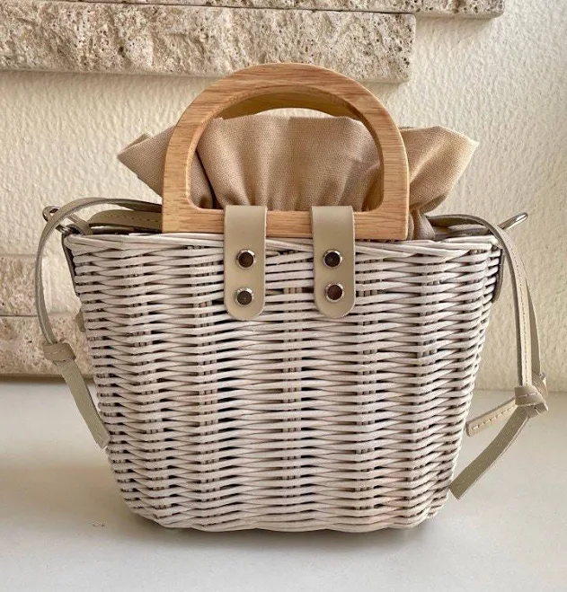 Handmade Wicker Bag with Wooden Handles and Leather Strap