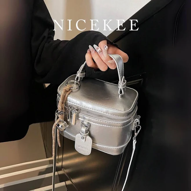 Metallic Silver PU Leather Crossbody Bag with Charm