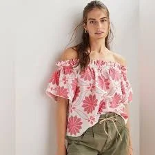 Anthropologie Maeve Embroidered Off-The-Shoulder Blouse Pink