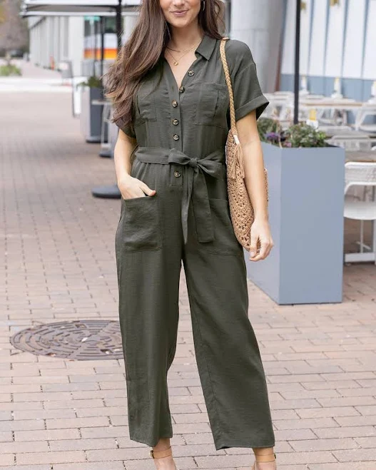 Army Wide Leg Short Sleeve Utility Jumpsuit