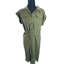 Ann Taylor Olive Green Utility Shirt Dress Roll Tab Sleeves Belted Midi LP