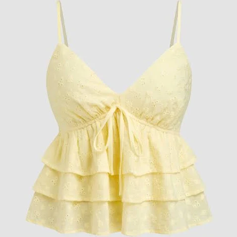 Rush Outfits Woven Cotton Broderie Anglaise Knotted Shirred Cami Top
