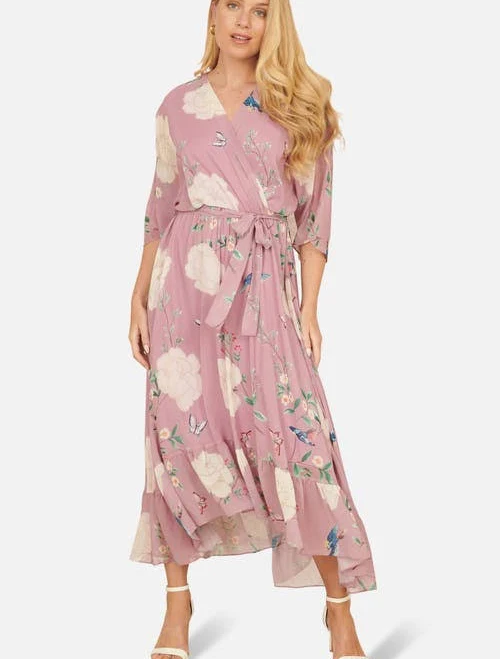 Yumi Women's Bird and Floral Print Midi Wrap Dress