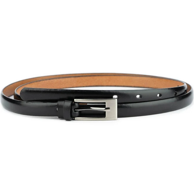 Women's Skinny Leather Belt with Silver Buckle