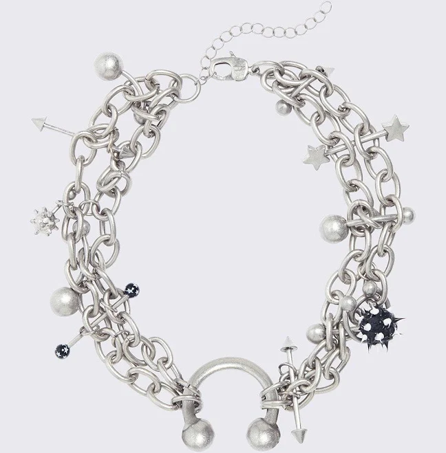 Chunky Silver Charm Necklace with Piercing Details