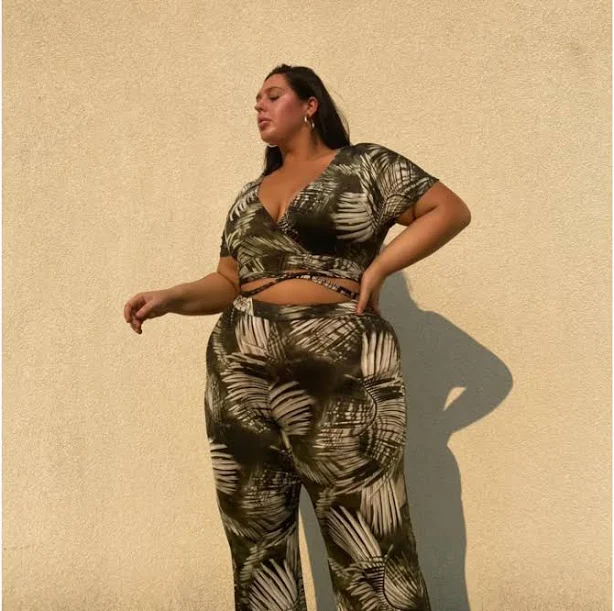 floraandlane Plus Size Tropical Palm Print 2-Piece Set, Ultra Stretchy Lounge Matching Outfit