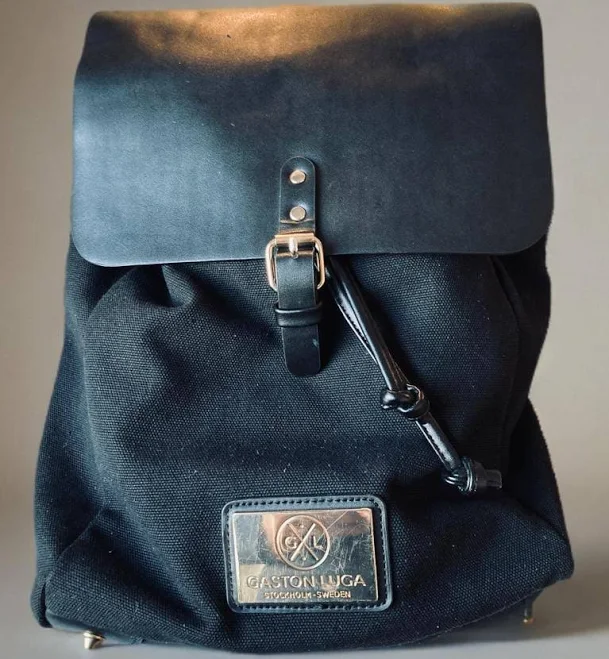 Gaston Luga Black Canvas Backpack: Faux Leather Flap, Drawstring Rucksack Vintage