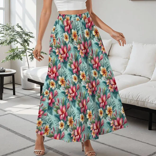 Tropical Island Style Hibiscus Floral Maxi Skirt with Pockets