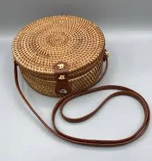 Round Rattan Crossbody Purse Bag Boho Straw Woven Circle Faux Leather Strap 8"