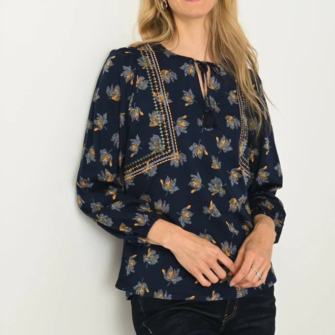 Embroidered Tie Neck Peasant Top