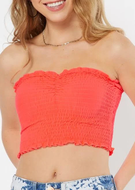 Neon Coral Ruched Smocked Tube Top - Size Xs