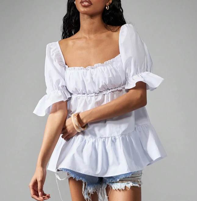 Missguided Puff Sleeve Ruffle Hem Empire Waist Cotton Blouse
