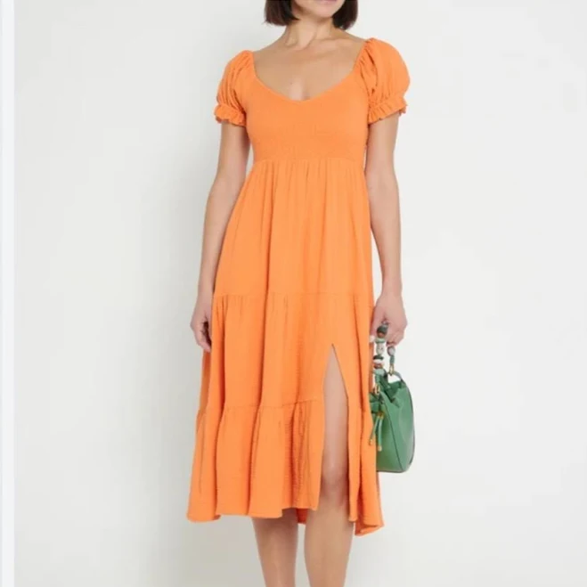 O.P.T Dresses | Orange Ruched Tiered Puff Sleeve V Neck Midi Sundress 100% Cotton | Color: Orange | Size: M | Jesskerley's Closet