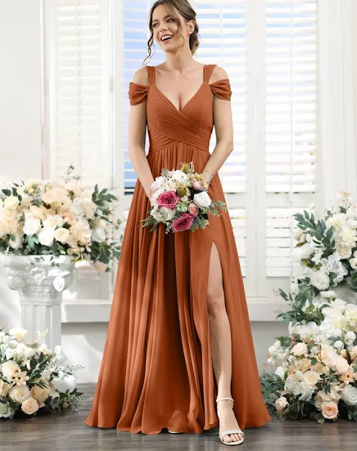 Lavetir Bridesmaid Dresses Line V-Neck Split Side Ruched Floor-Length Chiffon 2026