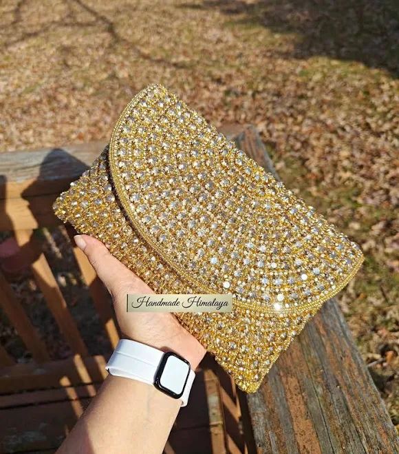 Handmade Gold Beaded Evening Clutch with Detachable Strap