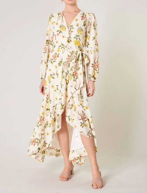 Ashlynn Floral Califa Maxi Wrap Dress Curve IVORY-PINK-GREEN / 1x by Sugarlips