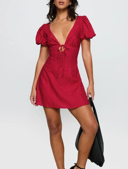 Princess Polly Beloved Polka Dot Puff Sleeve Linen Blend Mini Dress