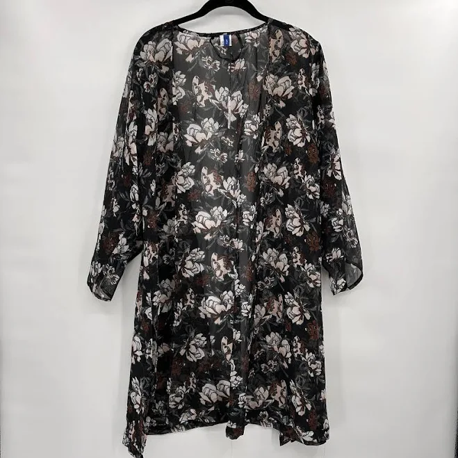 Womens Dark Floral Sheer Kimono Duster One Size Black Romantic