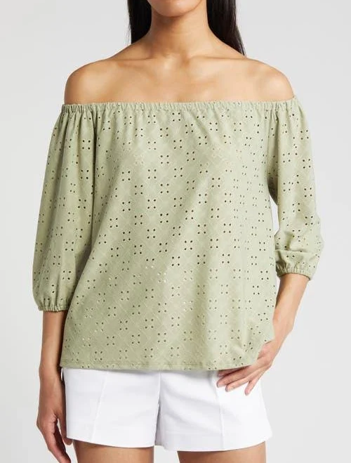 Loveappella Women's Off-the-Shoulder Eyelet Top