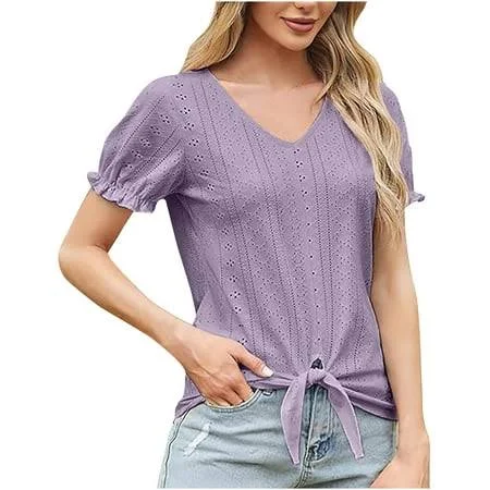 Tklpehg Women's Summer Tops Short Sleeve V Neck Hollow Out T Shirts Dressy Casual Tie Front Tops Eyelet Blouses Tunic