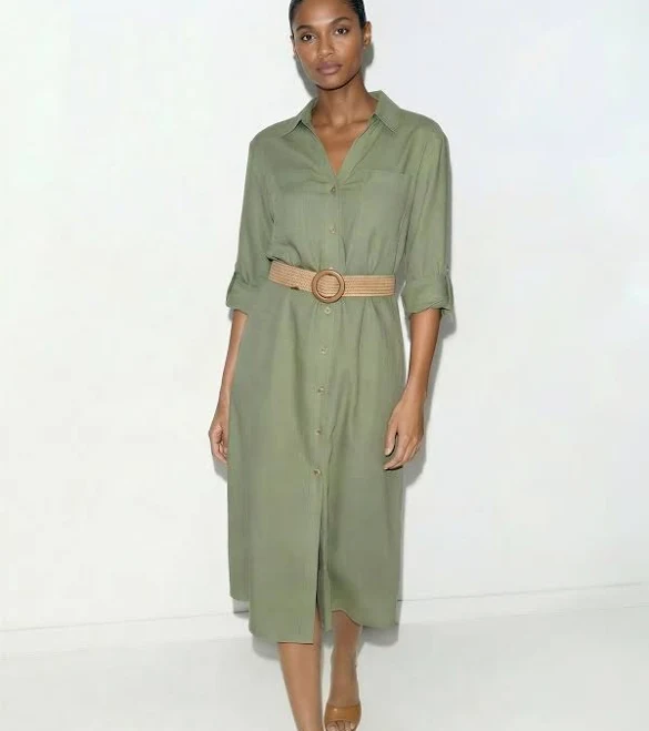 Long Sleeve Linen Button Down Midi Dress