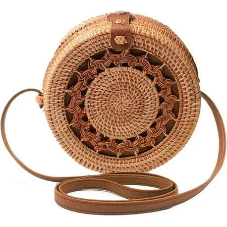 Handmade Boho Straw Basket Handbag with Leather Strap