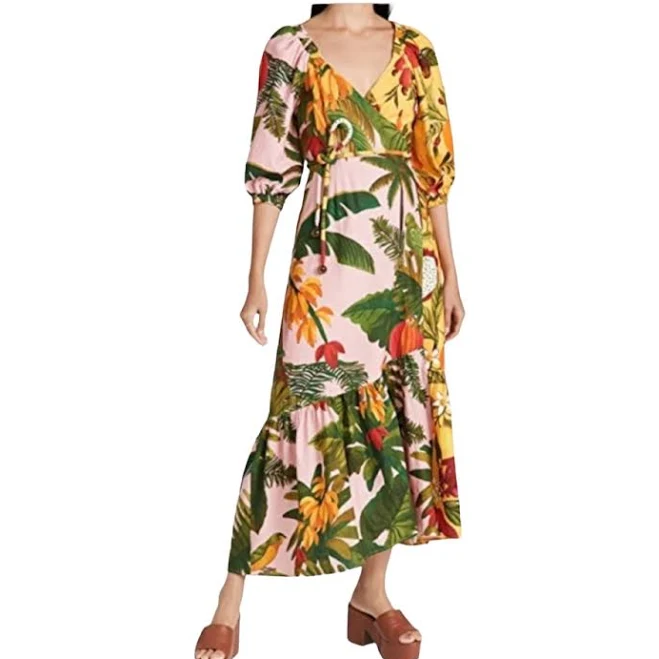 FARM Rio Mixed Prints Midi Wrap Dress
