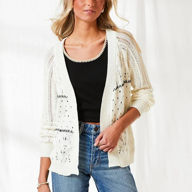 BKE Women's Cotton Resort Edit Crochet Cardigan Sweater
