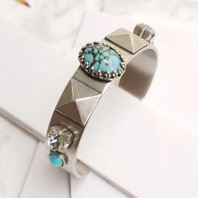 Bohemian Silver Turquoise Stone Cuff Bracelet
