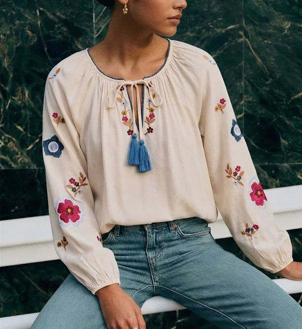 Embroidered Peasant Blouse with Balloon Sleeves