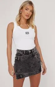 High Waist Wrap Over Detail Mini Skirt In Charcoal Grey Acid Wash Denim