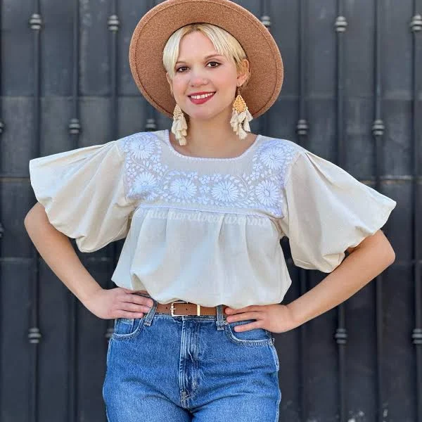 Boho Floral Embroidery Muslin Puff Sleeve Blouse