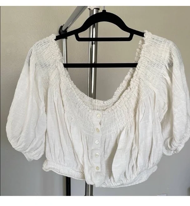 People We The White Smocked Off Shoulder Puff Sleeve Crop