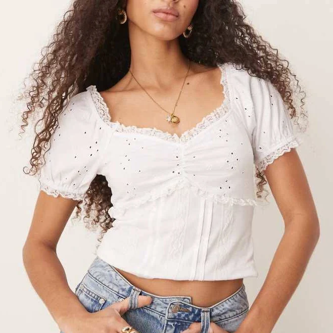 ASOS Puff Sleeve Eyelet Milkmaid Top with Lace Trim
