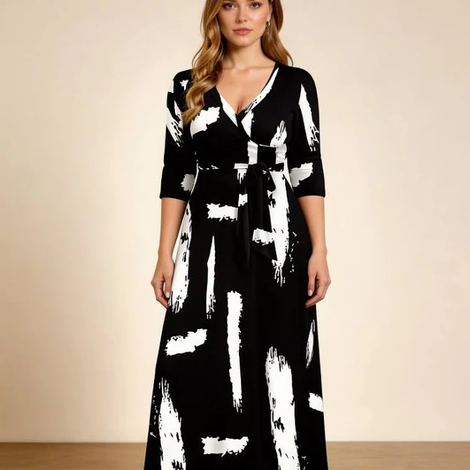 Elegant Long Abstract Print Maxi Dress with 3/4 Sleeves