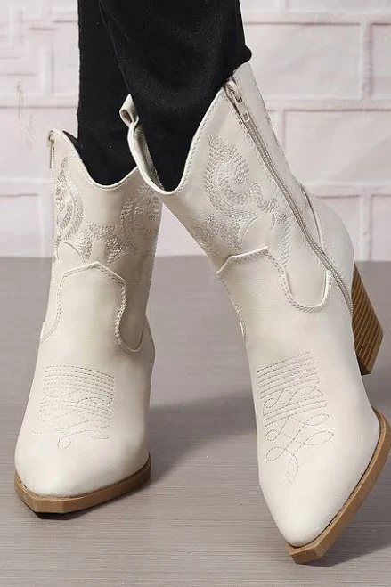 Western Embroidered Pointed Toe Block Heeled Ankle Boots