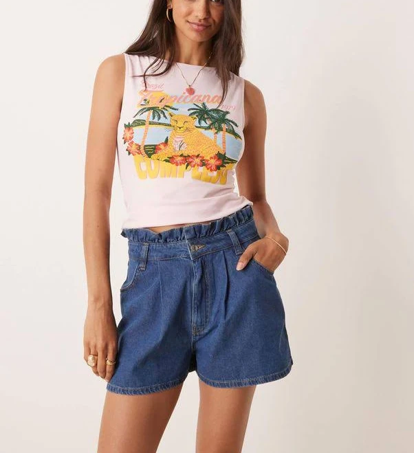 ASOS High-Rise Pleated Denim Shorts with Paperbag Waist